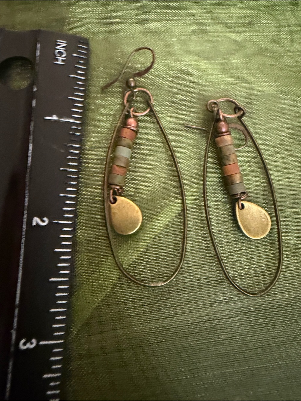 Handcrafted Green and Antique Gold Drop Hoop Earrings - Women Jewelry - Picture 2 of 3